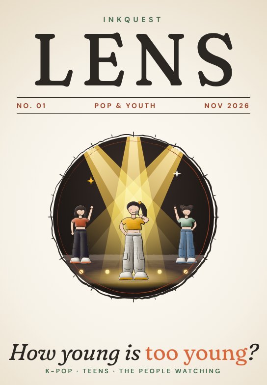 LENS No. 01 cover: a young singer on stage under two spotlights